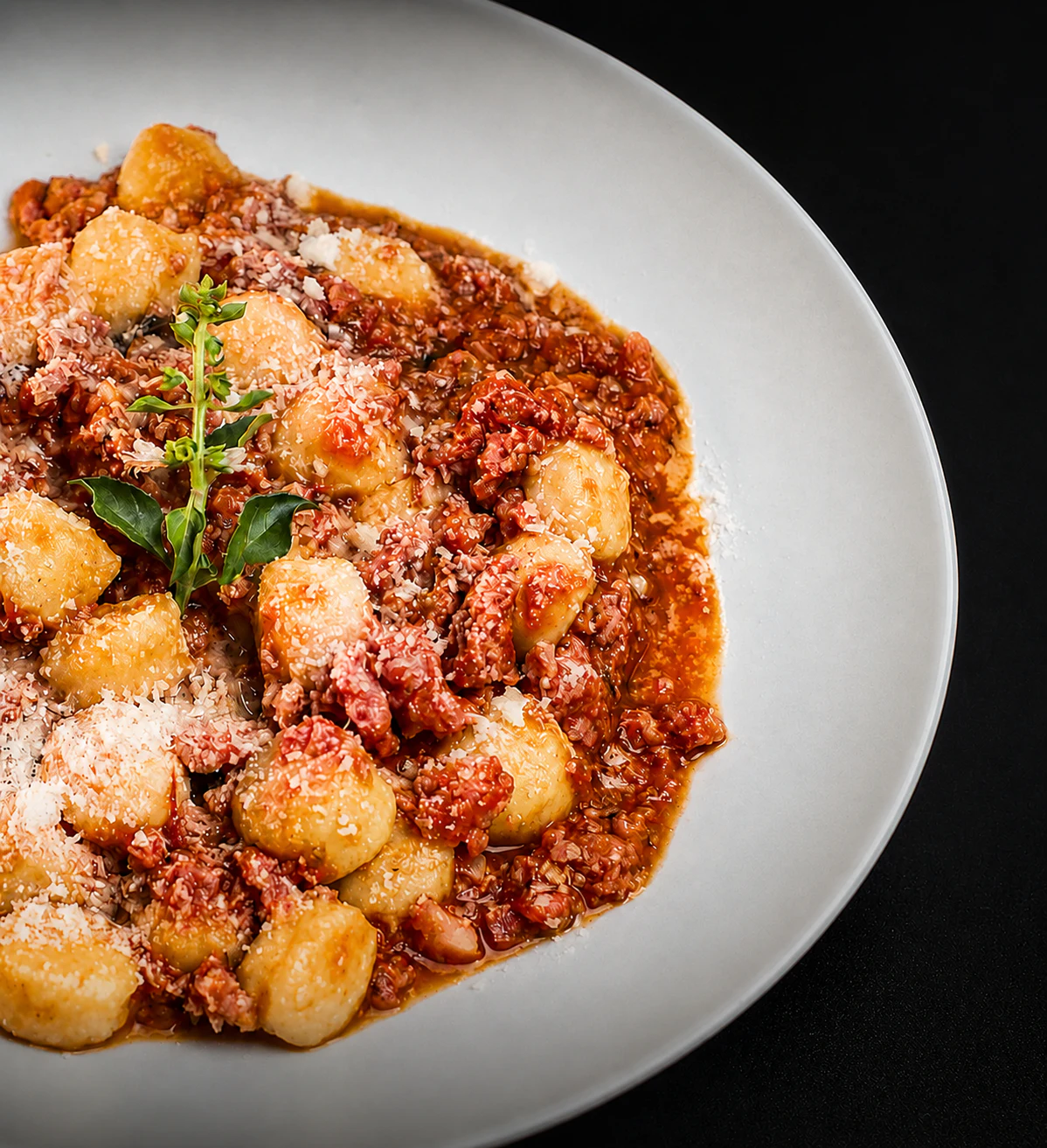 Gnocchi com ragù de linguiça e queijo ralado